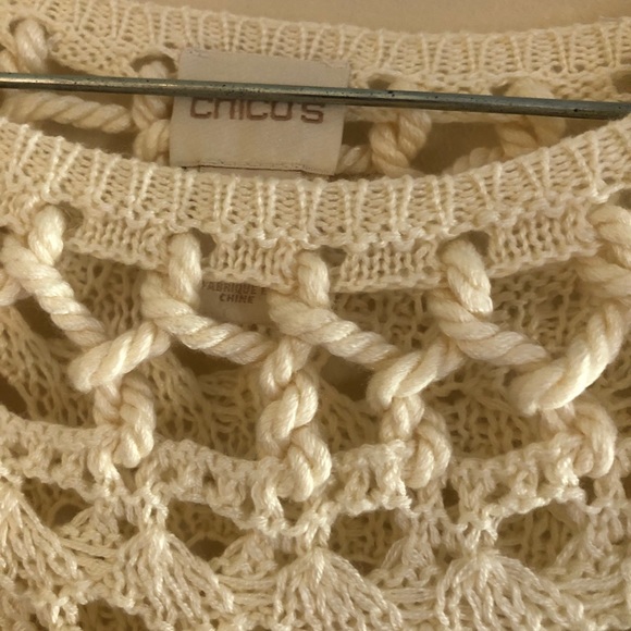 Chico’s Cream Open Knit Three-Quarter Sleeve Linen Blend Crochet Sweater - Picture 5 of 8